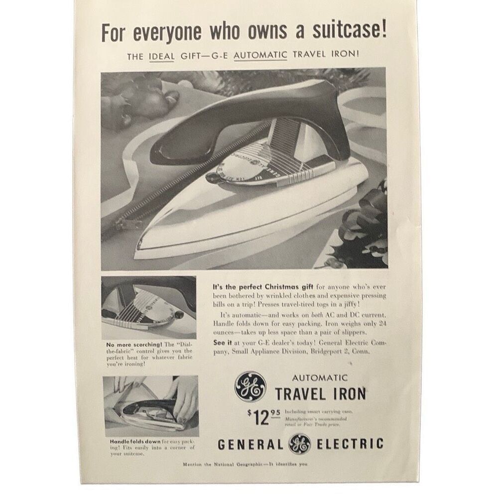 Vintage 1953 General Electric Travel Iron Ad Advertisement